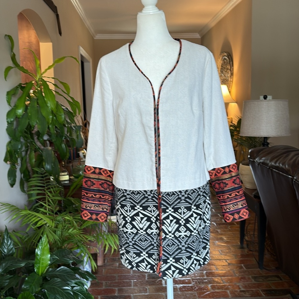 Ali Miles Aztec Print Multicolor Tan Unique Boho Jacket Coat Cardigan size M